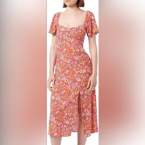 Coral Floral Midi Dress with Flutter Sleeves